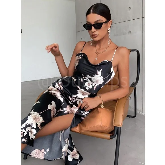 Floral Print Cowl Neckline Cami Satin Midi Dress Black  Leg Slit - Picture 2 of 8